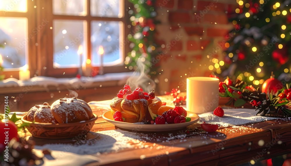 Fototapeta premium Festive scene featuring food, ornaments, and a snowy winter view
