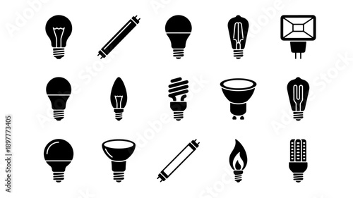 Collection of various light bulb icons and types.