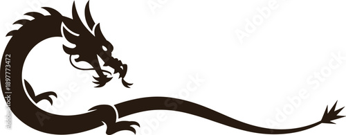 Dragon silhouette, Asian mythology vector, cultural illustration, serpentine body design, black and white art, fantasy creature drawing, cad drawing flat vector illustration