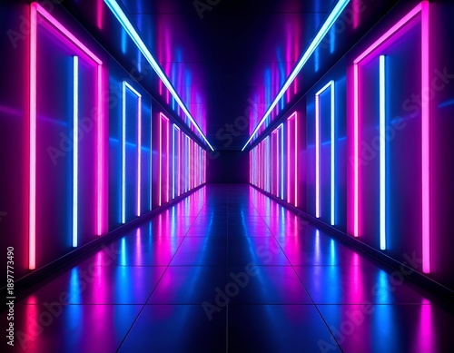 Futuristic corridor with neon lights and reflective floor, symmetrical