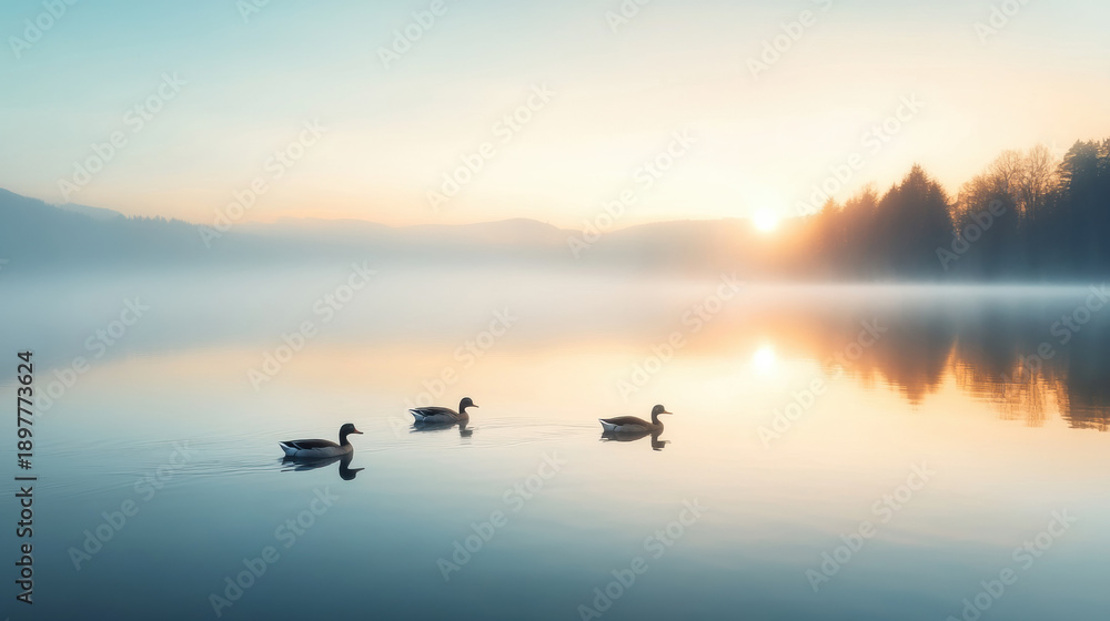 Fototapeta premium Morning mist hovering over lake surface with three ducks swimming peacefully near forest at sunrise, creating calm and serene atmosphere