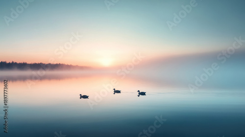 Morning mist hovering over lake surface with three ducks swimming peacefully at sunrise creating calm and serene atmosphere