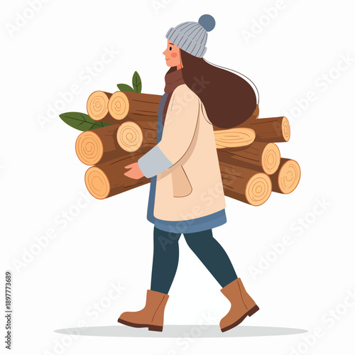 Woman carrying a large bundle of firewood through a serene forest landscape on a cold winter day, viewed from the side.