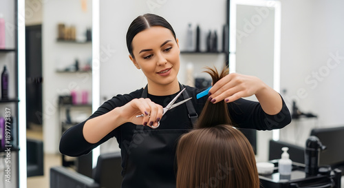 A professional hairstylist focused on trimming a clients hair with precision using silver scissors and a blue comb in a bright modern studio