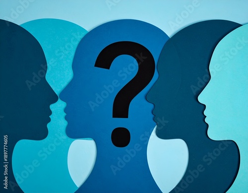 Silhouettes of heads, one with question mark, on blue