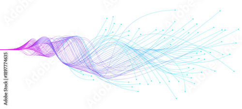 Data visualization with light lines wavy flowing dynamic in blue purple colors isolated on white background. AI technology, digital, communication, 5G, science, music concept