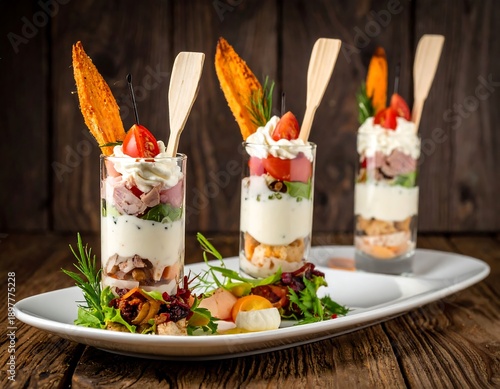 Elegant appetizers with layered ingredients, wooden backdrop