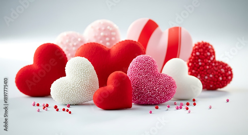 A collection of colorful heart-shaped candies on a white surface