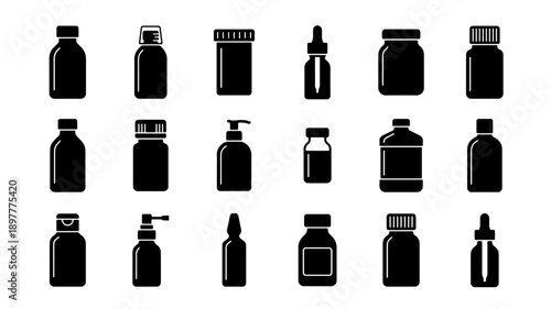 Collection of Various Pharmaceutical Bottles and Containers Silhouettes.