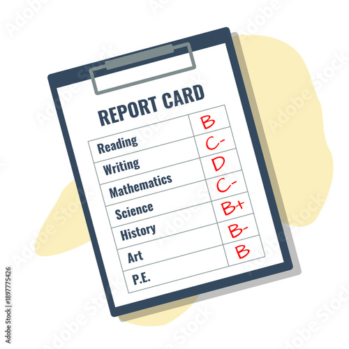 school report card with B C D grades, subjects list in clipboard, education result, flat style illustration