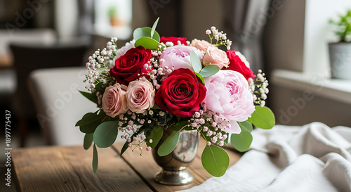 A beautiful bouquet of roses in a silver vase on a wooden table