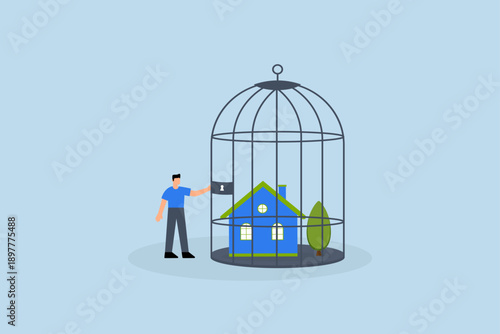 Mortgage payment problem, anxious homeowner businessman stands in a locked birdcage in his house.
