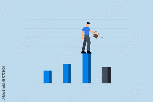Economic recovery from money stimulus, businessman manager standing profit bar chart irrigation this year growing bar chart.
