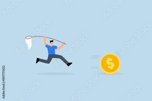 hasing high performance active mutual fund,  investor running after trying to catch an attractive dollar coin with a high yield.