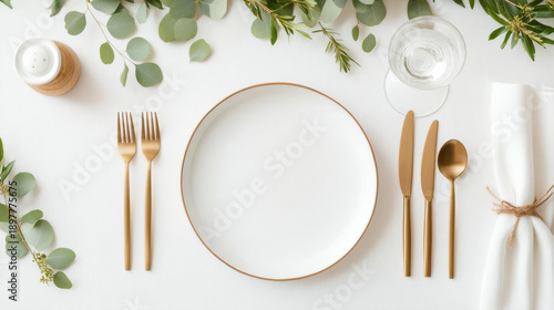 Minimalist festive dining table setup with gold cutlery, white plate, glass of water, and eucalyptus leaves creating elegant atmosphere