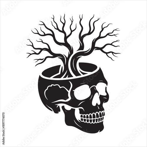 Tree Growing from Human Skull Silhouette – Dark Surreal Fantasy Gothic Vector Illustration