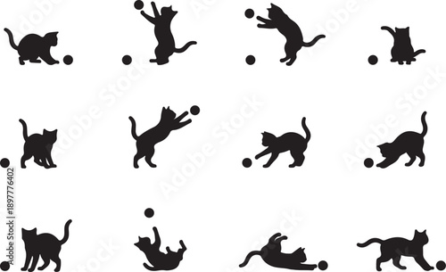 Dynamic silhouettes of playful cats chasing and interacting with balls in various animated poses Vector