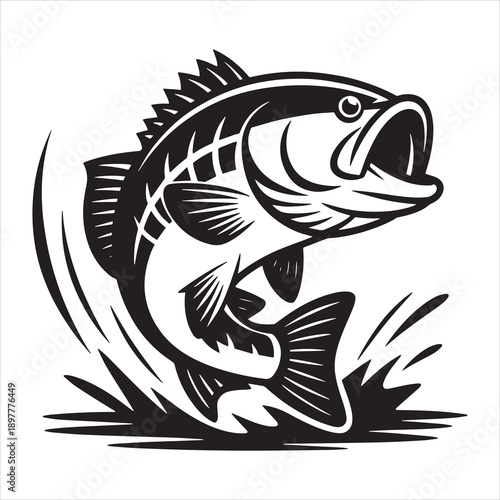 Jumping Bass Fish Illustration – Sport Fishing Fish Vector in Black and White for Outdoor and Mascot Design