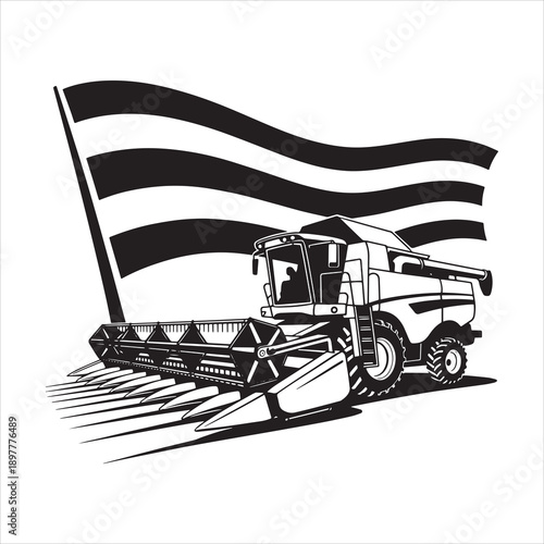 Combine Harvester with Flag Illustration – Agricultural Farming Machine Vector in Black and White for Rural and Harvest Design