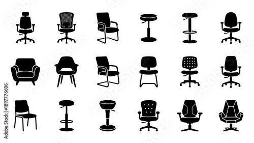 Collection of Various Office Chairs and Stools Silhouettes.