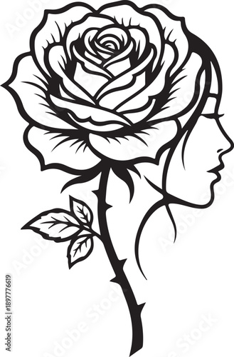 Elegant black and white silhouette of a rose with a human profile intertwined in its stem Vector