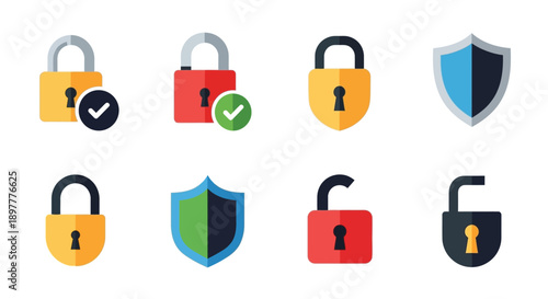Colorful security icons depicting locks and shields for data protection