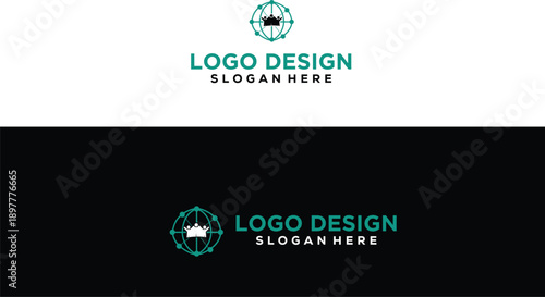 Modern globe logo design with crown and network connections representing global business and technology ideal for corporate branding and digital identity
