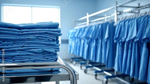 Stack of clean blue medical uniforms in healthcare laundry facility with hanging clothes