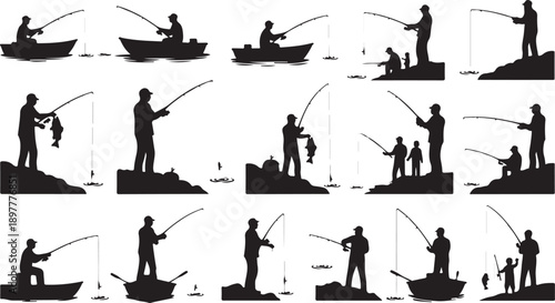 A sequential illustration showcasing various fishing techniques and positions for anglers by the shore and boat Vector