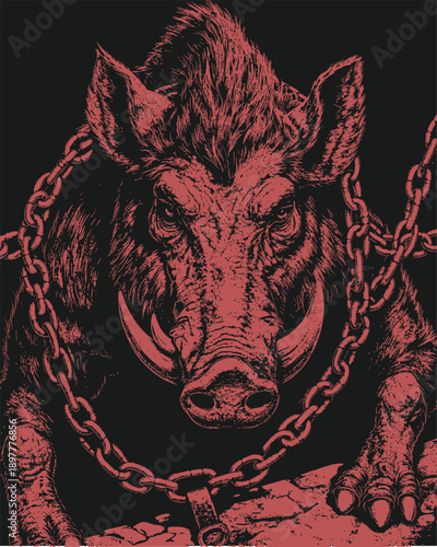 Red chained boar portrait with chains. Vector Illustration, Suitable for T-shirt Design