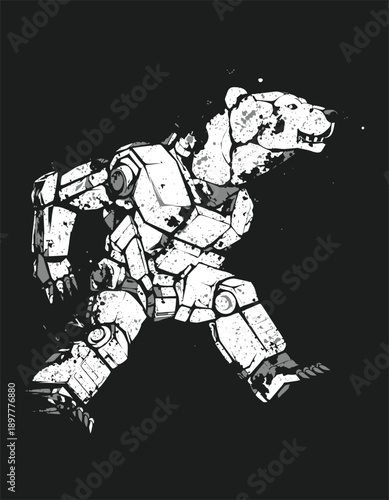 Robotic Figure In Armored Suit Walking. Vector Illustration, Suitable for T-shirt Design