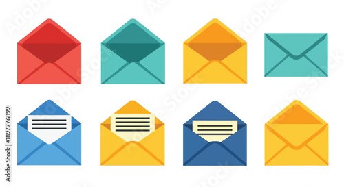 Colorful collection of opened and unopened postal envelopes in a flat design
