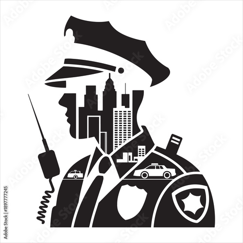 Police Officer Silhouette with Urban City Elements – Law Enforcement and Public Safety Concept Vector Illustration