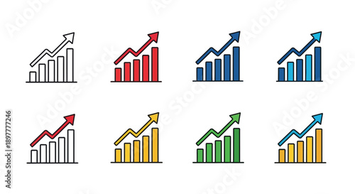 Collection of colorful upward trending bar graph icons representing growth