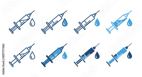 Collection of blue syringe icons with droplets varying in style and perspective