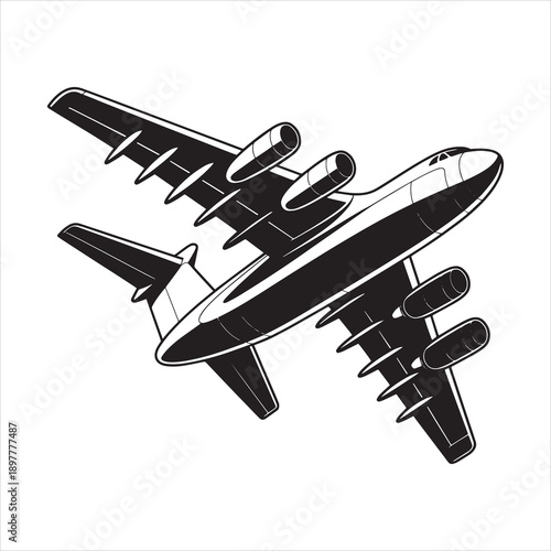 Airplane Top View Illustration – Passenger Aircraft Vector in Black and White for Travel and Aviation Design
