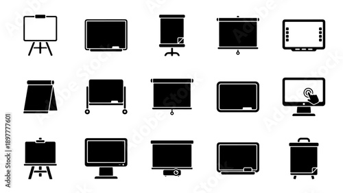 Collection of various presentation boards and screens icons.