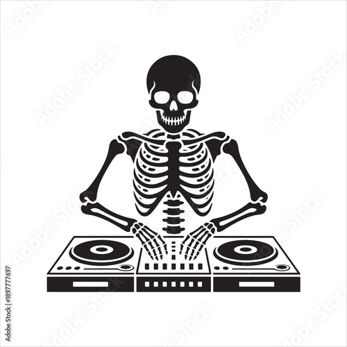DJ Skeleton Playing Music on Turntable – Skull DJ Vector Illustration for Music, Party and Festival Design