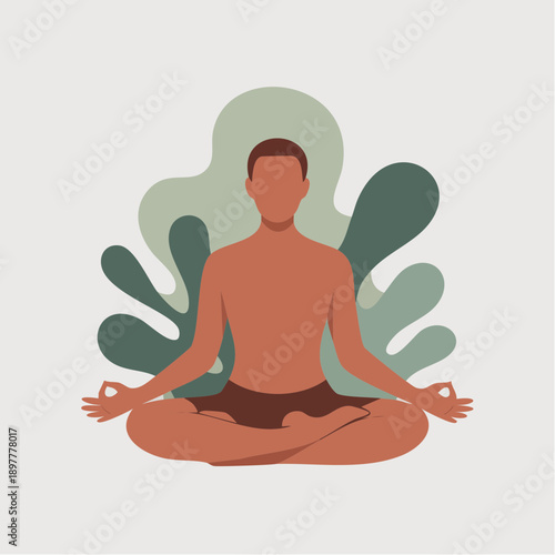 Mindful person finding inner peace and balance through meditation and yoga practice, illustrated with abstract organic shapes for a tranquil well-being concept