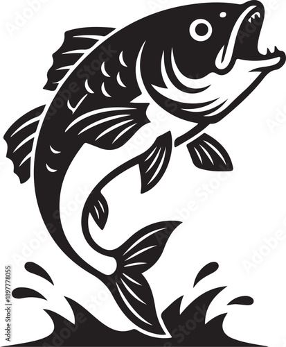 A striking black and white illustration of a leaping fish emerging from water with dynamic lines Vector