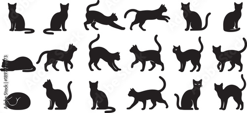 A diverse collection of stylized black silhouette cats in various dynamic and relaxed poses for artistic or decorative use Vector