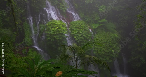 Banyu Wana Amertha Waterfall Flowing Through Lush Tropical Jungle in Fog, Bali, Indonesia
