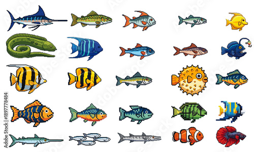 Pixel Art Fish Collection : A creative set of pixel art fish characters and colorful variations. Perfect for 8-bit retro game design	