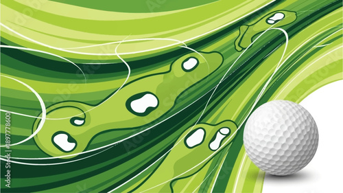 A white golf ball rests on a dynamic green background with abstract golf course layouts and swirling lines, illustrating the sport of golf.