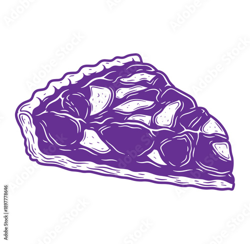 purple slice of pie with thick crust and chunky filling on white background