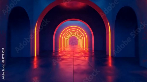 Futuristic corridor with glowing arches and reflections