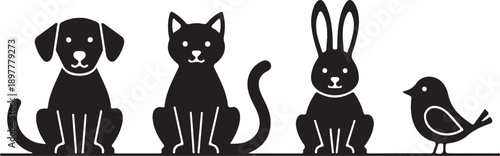A charming black and white silhouette illustration featuring a dog, cat, rabbit, and bird sitting in harmony Vector