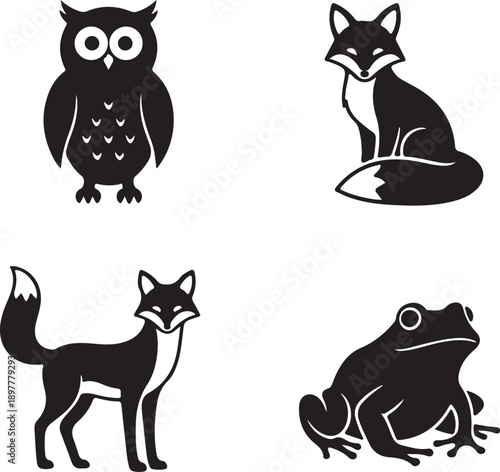 Stylized black and white illustration of nocturnal wildlife featuring an owl, fox, and frog Vector