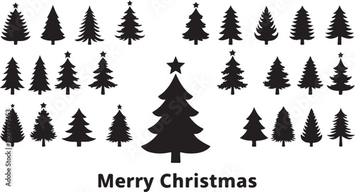 A stylish black and white illustration celebrating christmas with a central tree surrounded by smaller trees and stars Vector