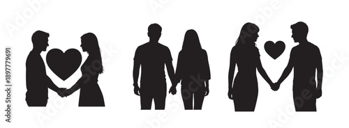 Romantic Pair Silhouettes Holding Hands with Heart Symbols Set of black silhouettes showing a man and a woman in various romantic poses, holding hands with heart icons. 
